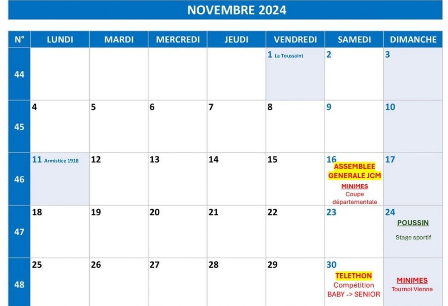 Calendrier sportif novembre/décembre 2024